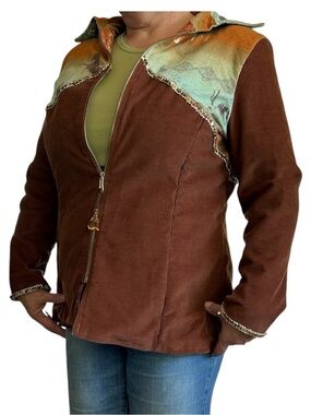 Reversible Corduroy Western Jacket Horse Print Desert Zip Up Brown Rust Teal